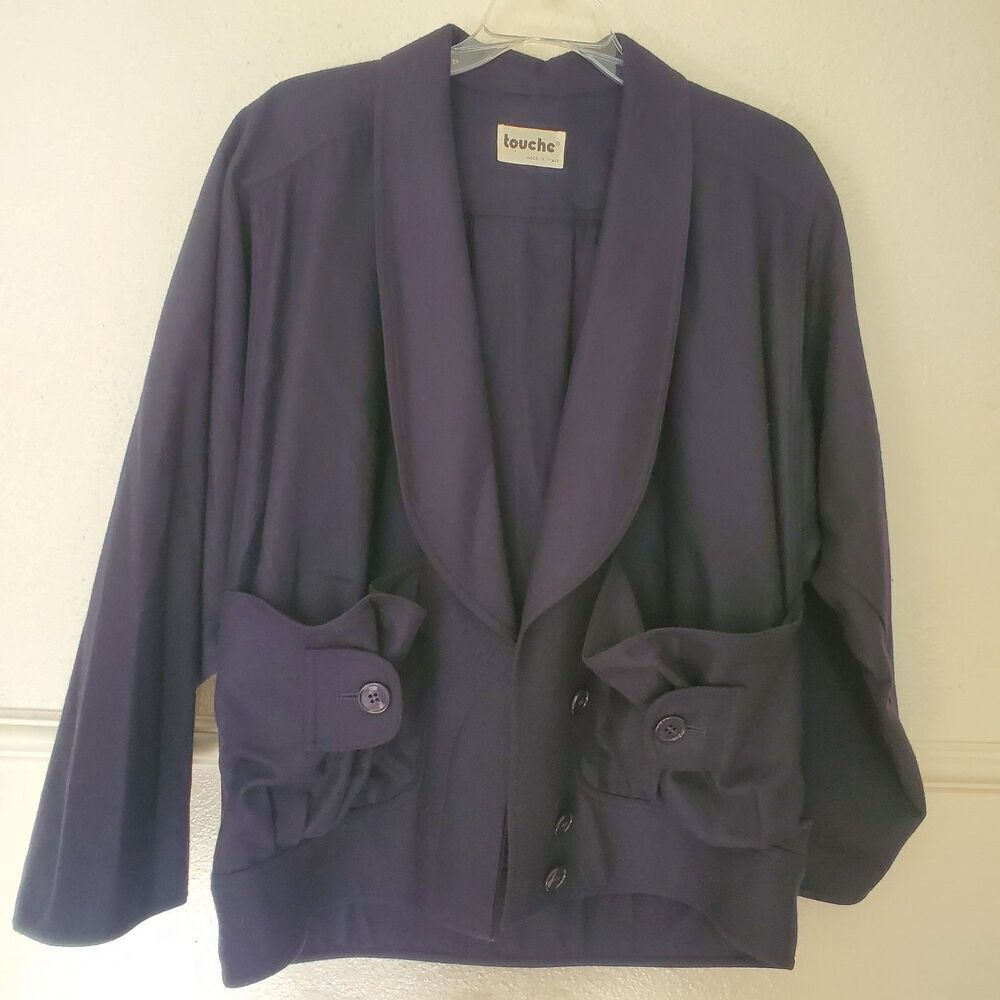 Vintage Touche Italy Navy Wool Cashmere Blend Shawl Collar Pocket Jacket Size 42